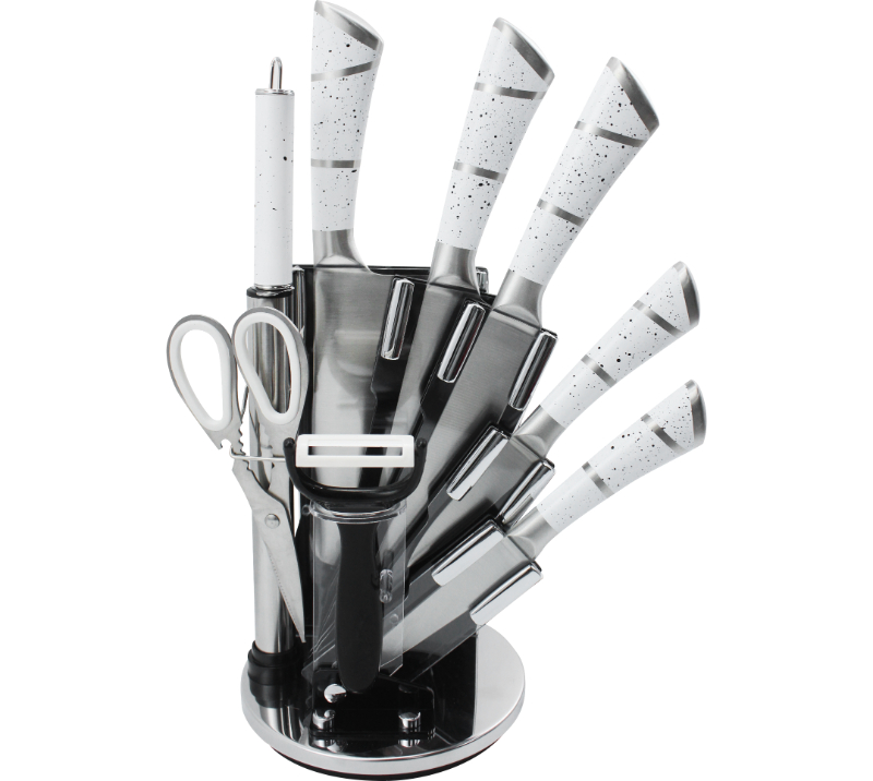 HS2074Messerset aus Edelstahl mit Acrylst&auml;nder. 8-teiliges Messerset