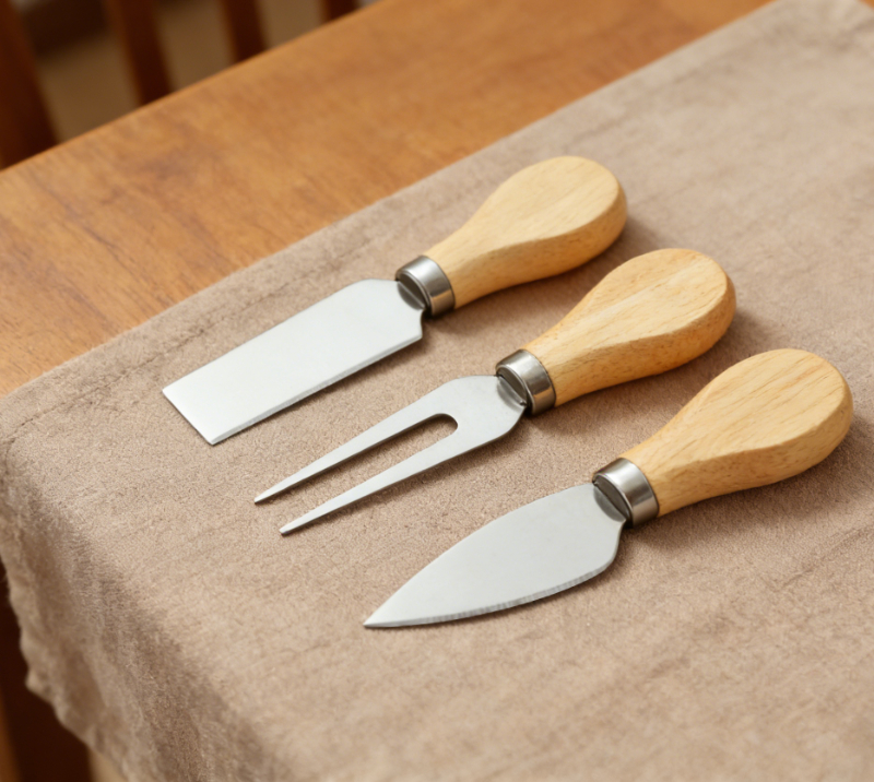 4-teiliges K&auml;semesser-Set aus Eichenholz mit K&auml;sebrett