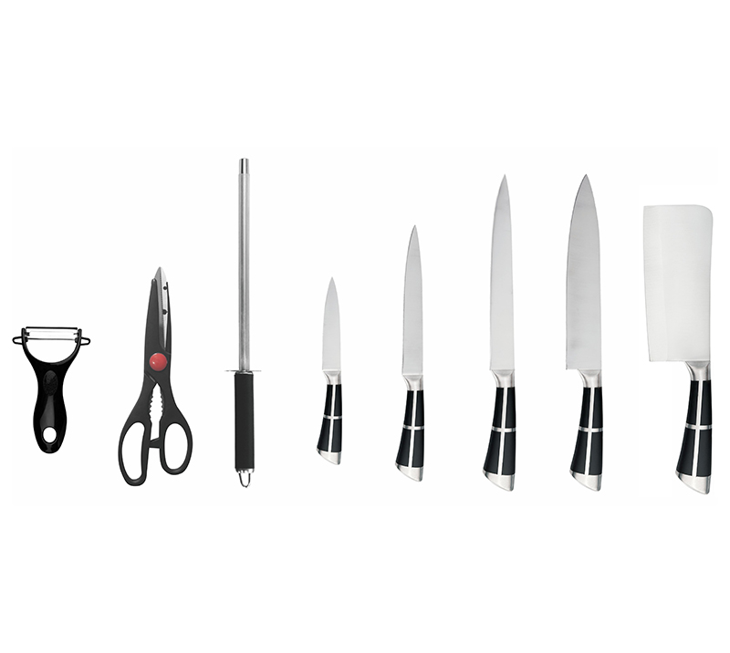 HS2009 K&uuml;chenmesser-Set mit Hohlgriff aus Edelstahl, 9-teilig, mit Messerst&auml;nder