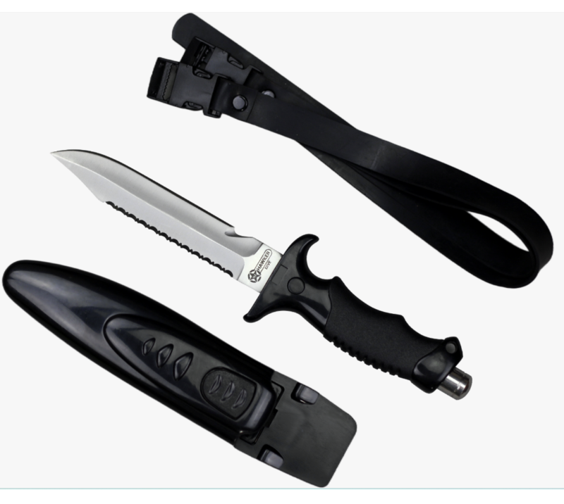 Tauchermesser FK40 aus Edelstahl mit Halbwellenschliff, Scheide und Beinriemen