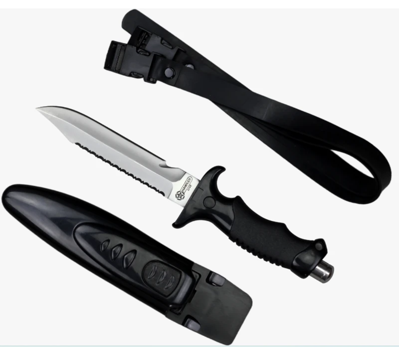Tauchermesser FK40 aus Edelstahl mit Halbwellenschliff, Scheide und Beinriemen