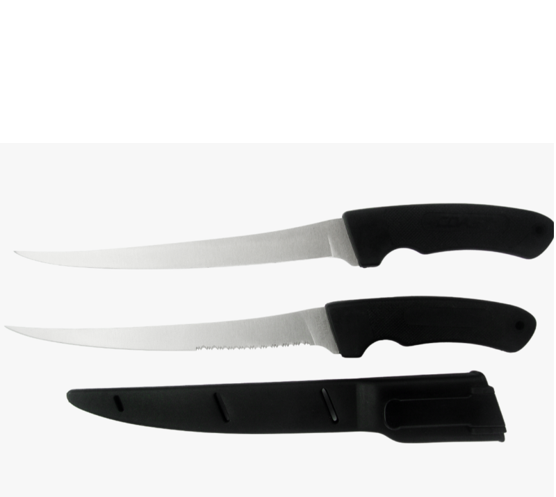 FK2 2-teiliges Filetmesserset aus Edelstahl mit Scheide, glatten und gezackten Klingen, Angelmessern