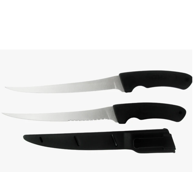 FK2 2-teiliges Filetmesserset aus Edelstahl mit Scheide, glatten und gezackten Klingen, Angelmessern