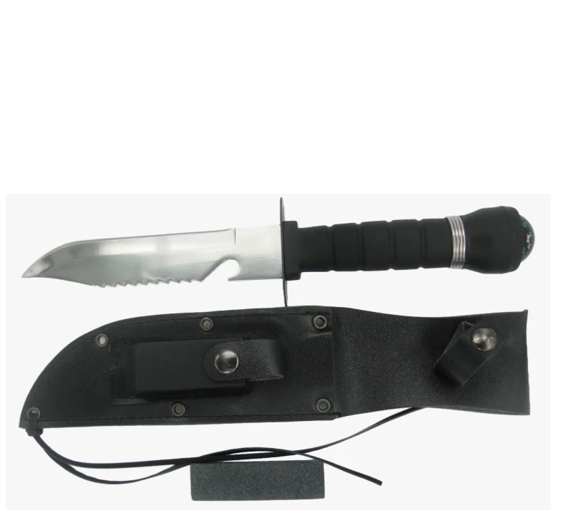 FK13 &Uuml;berlebensmesser mit Kompass und Scheide, gezahntes Outdoor-Camping-Jagdmesser aus Edelstahl