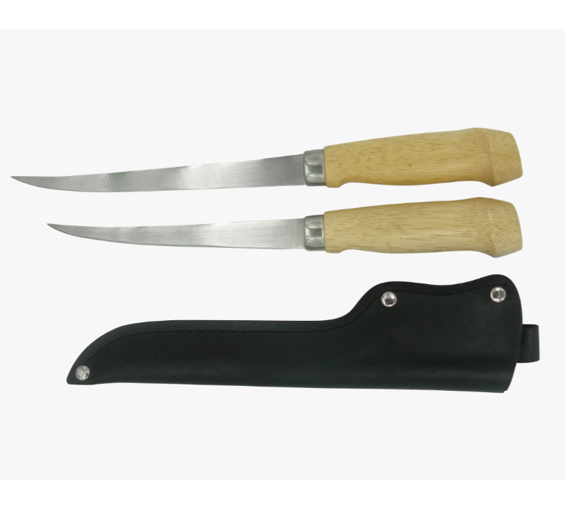FK34 2-teiliges Filetmesserset aus Edelstahl mit Lederscheide, Holzgriff und gebogenen Klingen
