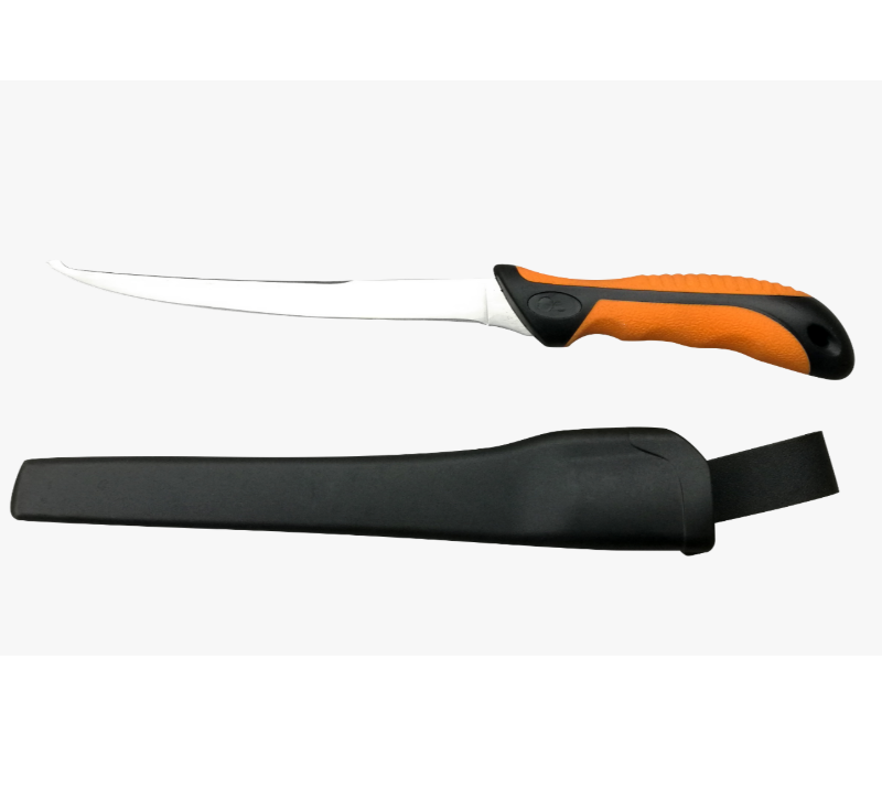 FK208 3CR13 gebogenes Filetiermesser aus Edelstahl mit PP+TPR-Scheide, Edelstahl-Angelausbein T