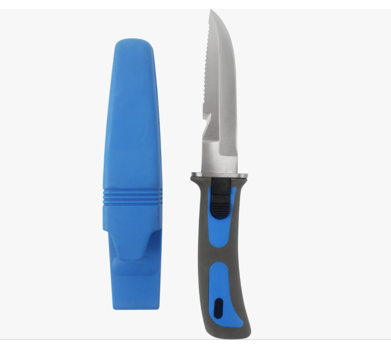 S1005 Angelmesser mit blaugrauem Griff und gezahnter Klinge und Scheide