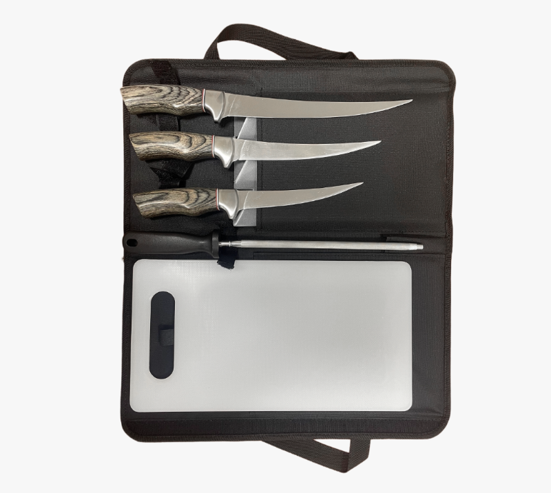 FKS40-06 5-teiliges Filetiermesser-Set mit Holzgriff, Rolltasche und Schneidebrett, Angelger&auml;t aus E