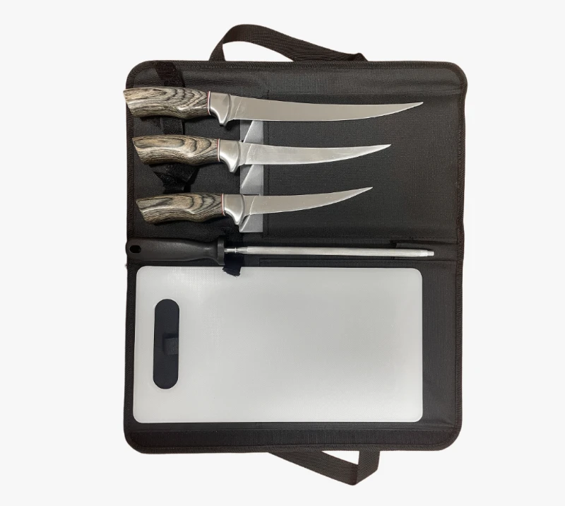 FKS40-06 5-teiliges Filetiermesser-Set mit Holzgriff, Rolltasche und Schneidebrett, Angelger&auml;t aus E