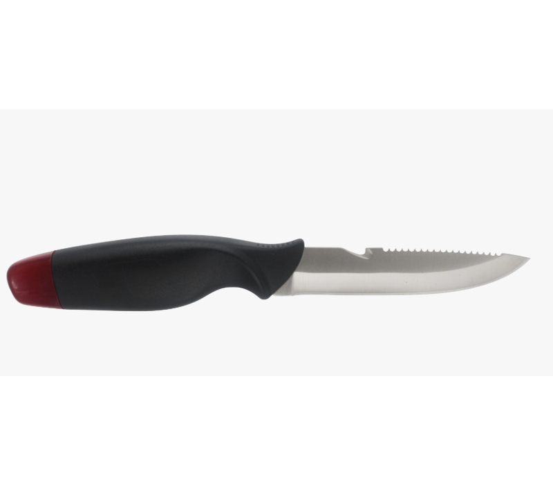 S1029 Messer mit feststehender Klinge, gezahntem Kunststoffgriff, schwarz-rotem Kunststoffgriff, Ang