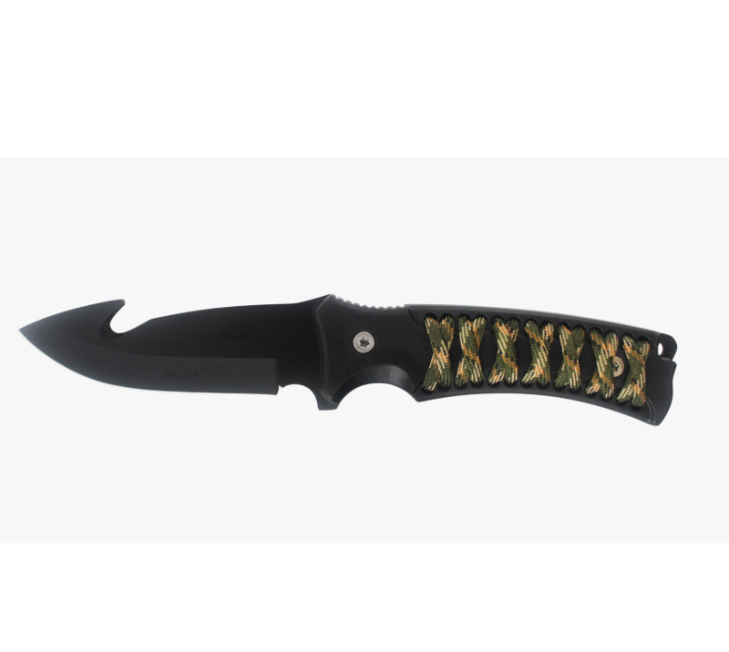 S1013 Jagdmesser mit gebogener schwarzer Klinge und Darmhaken, Outdoor-&Uuml;berlebensmesser mit Camo-Par