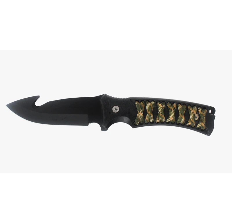 S1013 Jagdmesser mit gebogener schwarzer Klinge und Darmhaken, Outdoor-&Uuml;berlebensmesser mit Camo-Par
