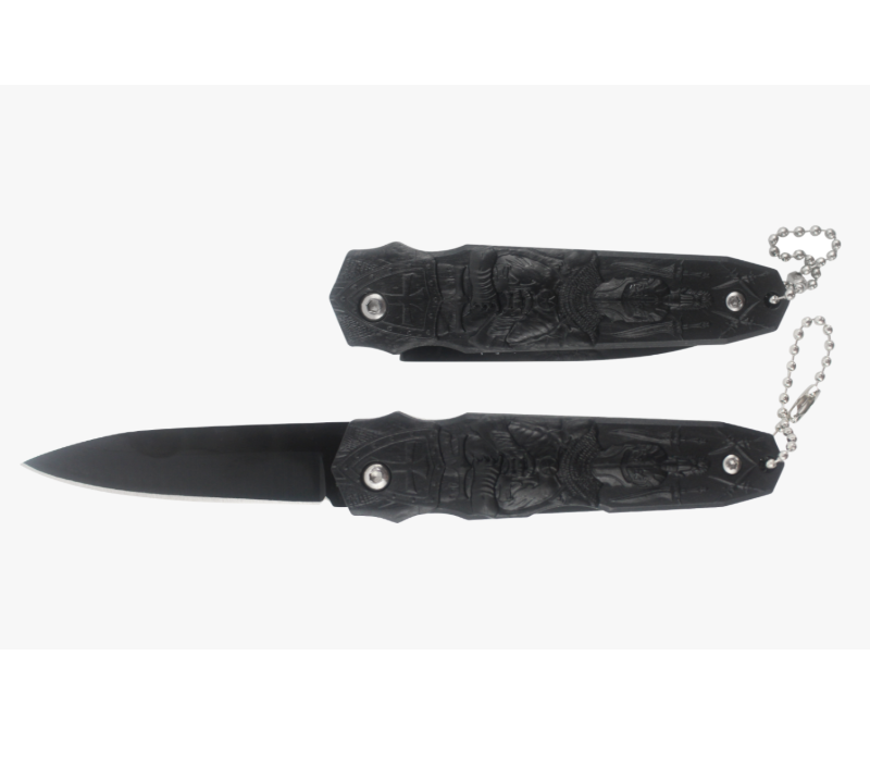 S2021 Knight Embossed Outdoor-Messer, schwarzes Taschenmesser mit Schl&uuml;sselanh&auml;nger, EDC-Taktikmesse