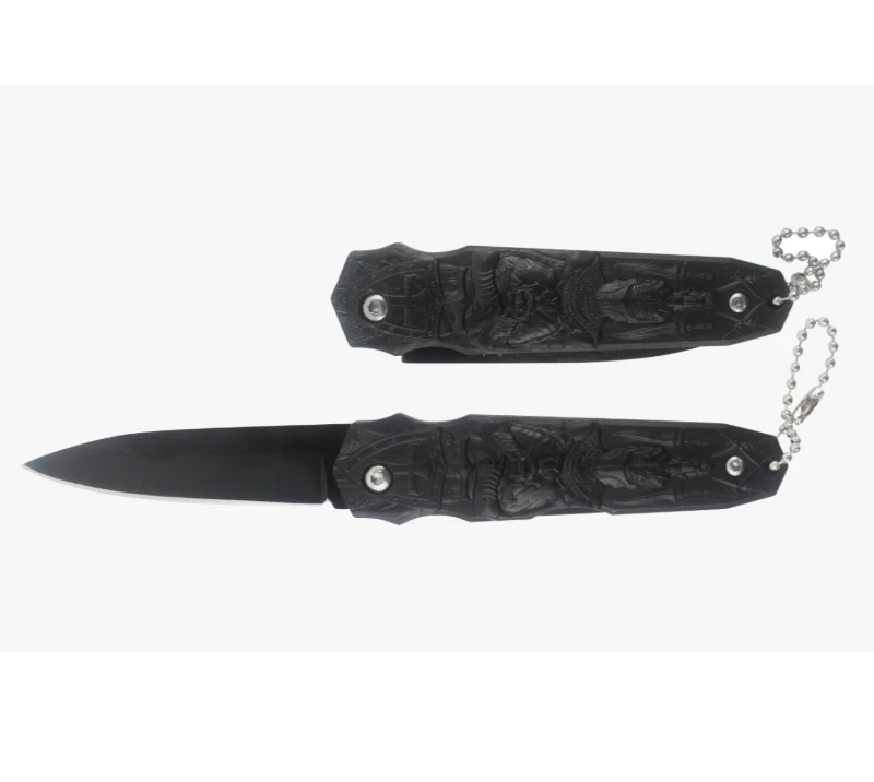 S2021 Knight Embossed Outdoor-Messer, schwarzes Taschenmesser mit Schl&uuml;sselanh&auml;nger, EDC-Taktikmesse