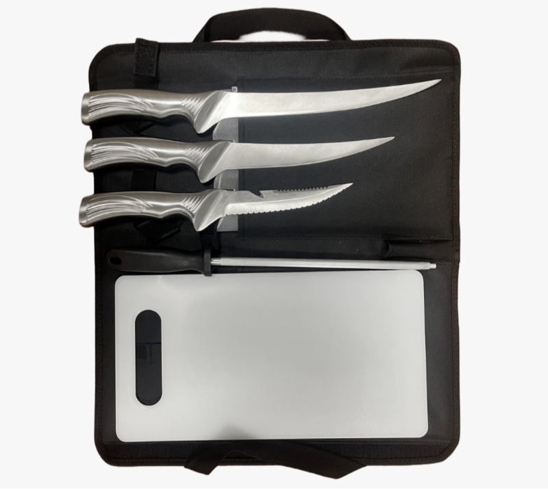 FKS39-06 6-teiliges Filetmesser-Set f&uuml;r den Au&szlig;enbereich mit Spitzer, Schneidebrett und Rolltasche a