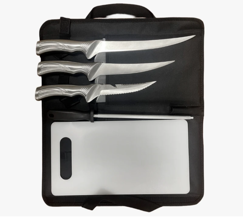 FKS39-06 6-teiliges Filetmesser-Set f&uuml;r den Au&szlig;enbereich mit Spitzer, Schneidebrett und Rolltasche a