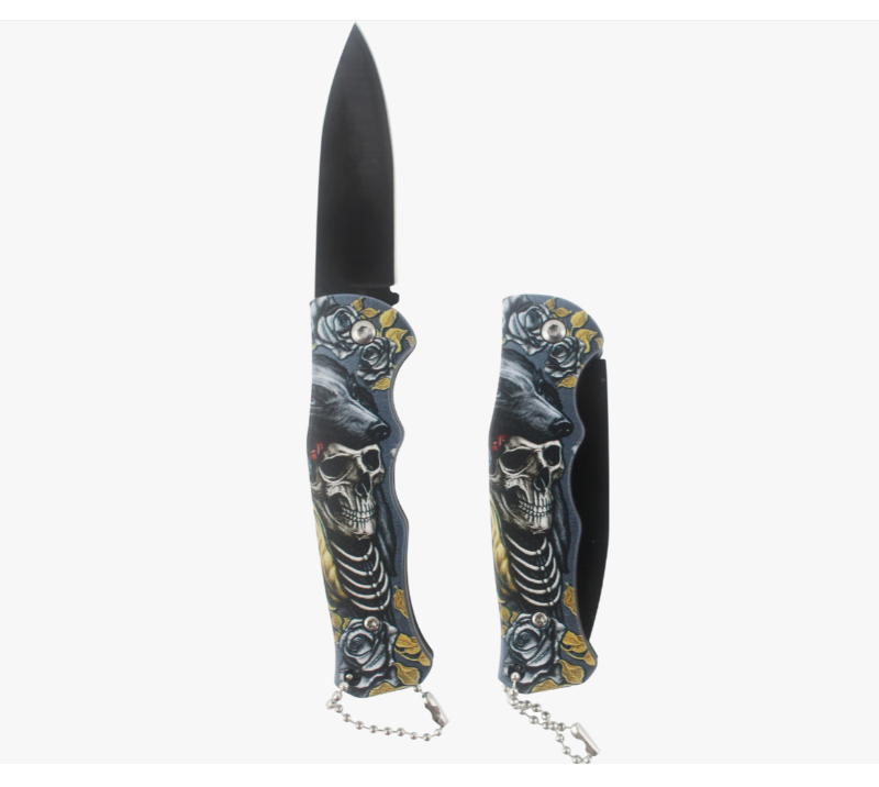 KA086 Klapptaschenmesser mit Aufdruck &bdquo;Totenkopf und Rose&ldquo;, EDC-Messer mit schwarzer Klinge aus 3CR1