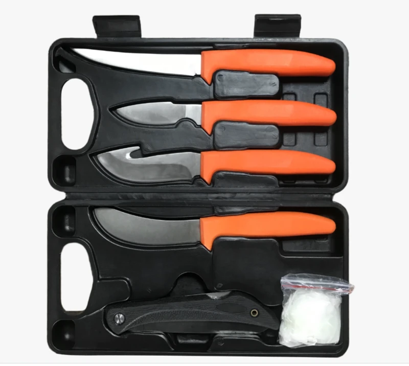 FKS26-08B 7-teiliges Jagd-Angelmesser-Set mit Hartschalenetui, Filet-Ausbein-Darmhaken-Taschenmesser