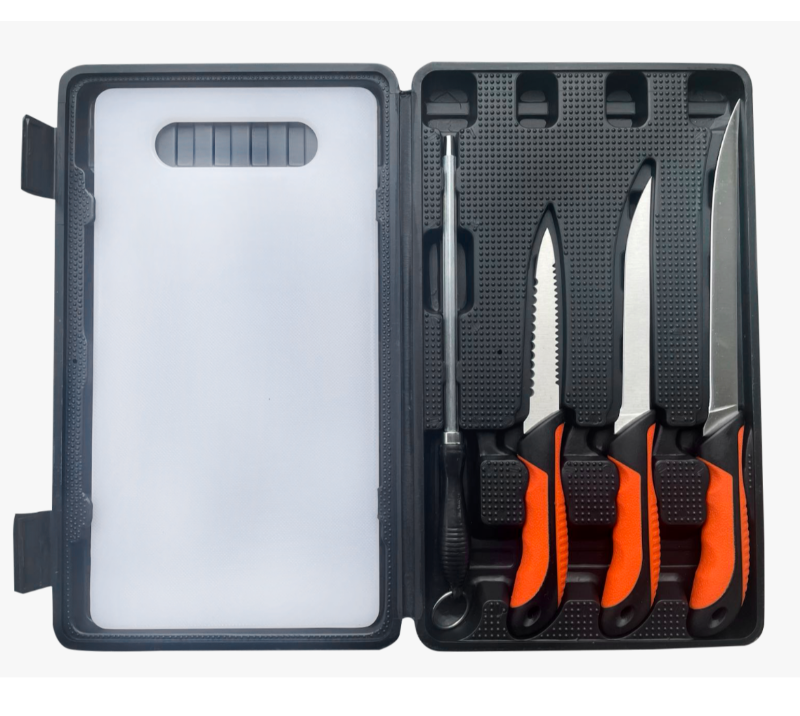 FKS25-06 6-teiliges Outdoor-Messerset mit Schneidebrett, 3-teiligem Filetiermesser aus Edelstahl und