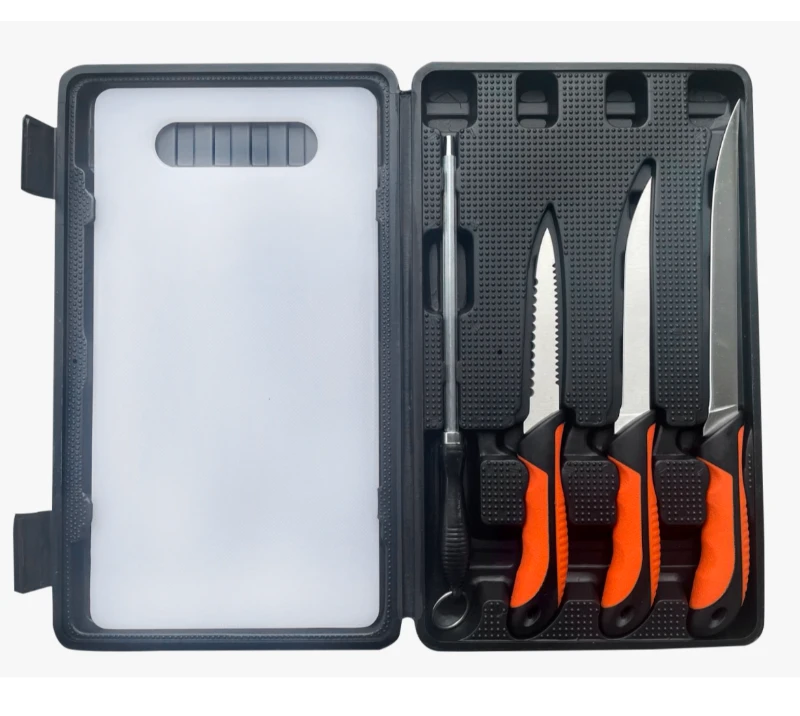 FKS25-06 6-teiliges Outdoor-Messerset mit Schneidebrett, 3-teiligem Filetiermesser aus Edelstahl und