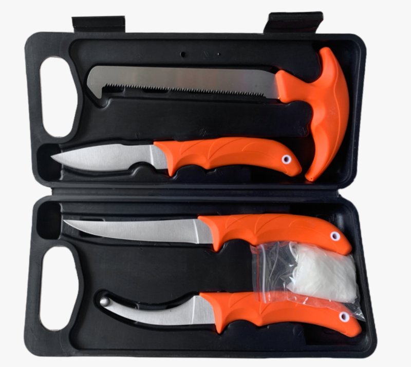 FKS33-06 6-teiliges Jagd- und Angelmesser-Set mit Hartschalenetui, Filet-Darm-Hakens&auml;ge, Outdoor-Sur