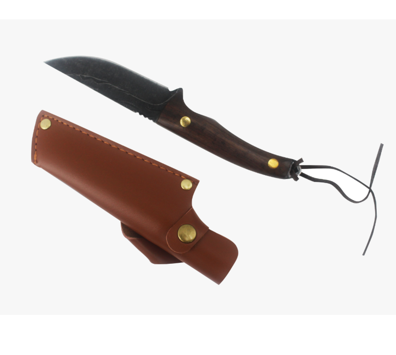 S1027 Handgeschmiedetes Jagdmesser mit feststehender Klinge, Holzgriff mit Lederscheide, Full Tang S