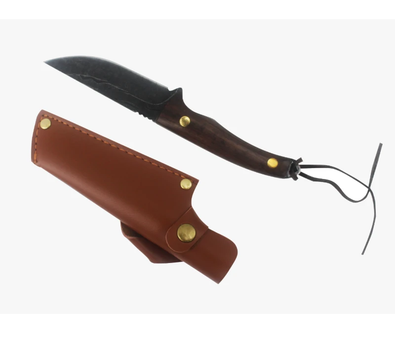 S1027 Handgeschmiedetes Jagdmesser mit feststehender Klinge, Holzgriff mit Lederscheide, Full Tang S