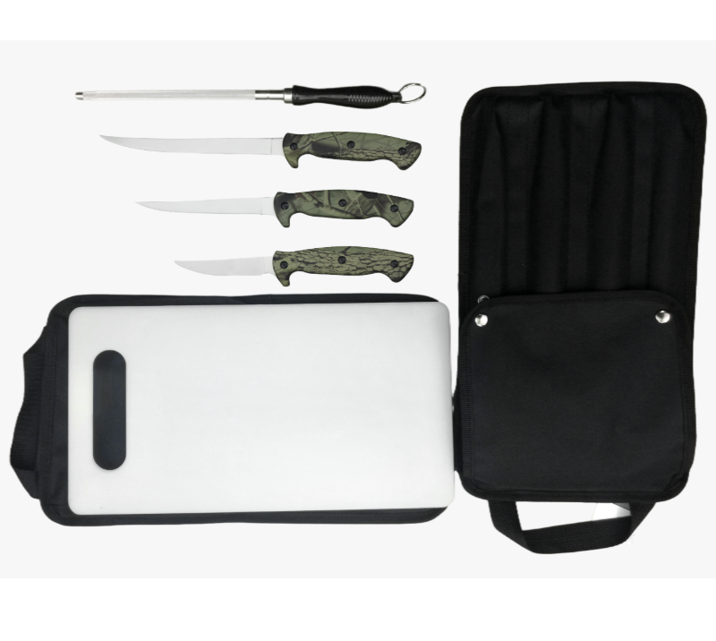 FKS29-06A 6-teiliges professionelles Filetmesserset mit Camo-Griff, Schneidebrett und Rolltasche, 3C