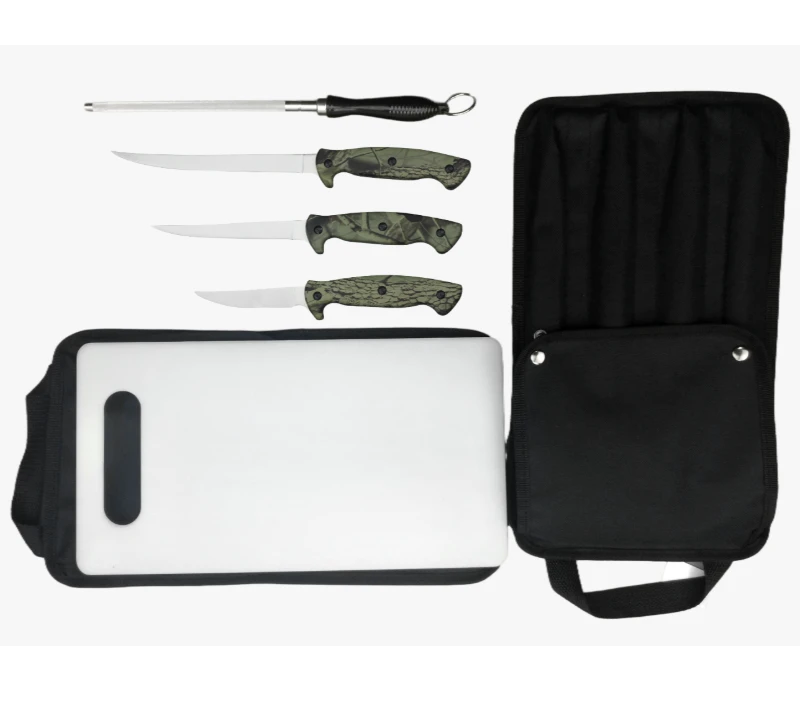 FKS29-06A 6-teiliges professionelles Filetmesserset mit Camo-Griff, Schneidebrett und Rolltasche, 3C
