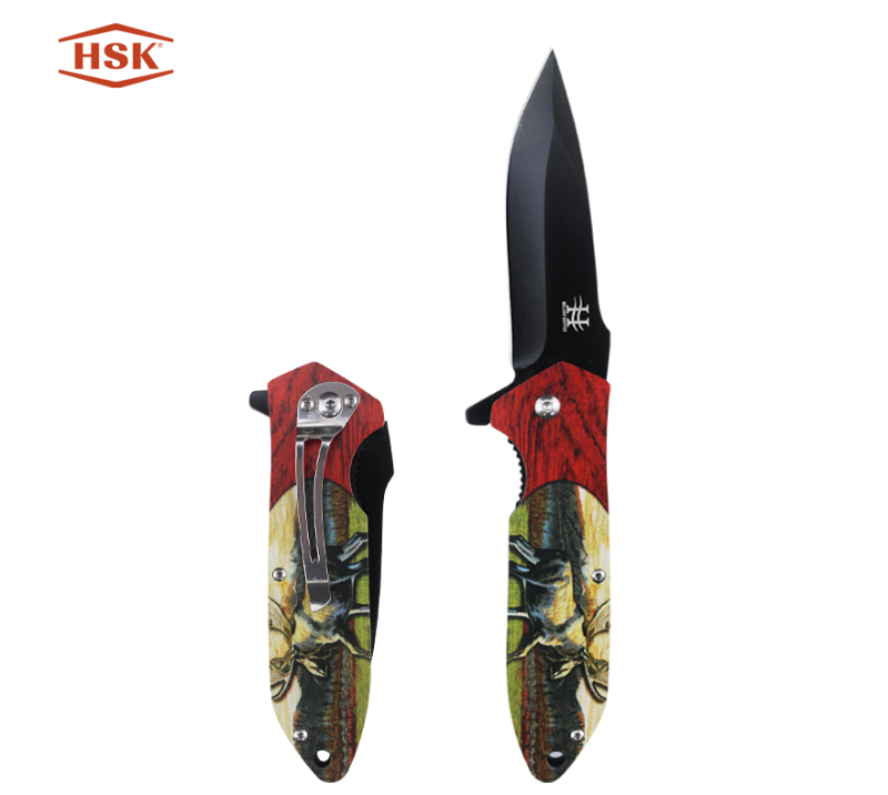 TPK-18 Outdoor-Klappmesser mit Hirschmuster, schwarze taktische Edelstahlklinge mit bedrucktem Griff