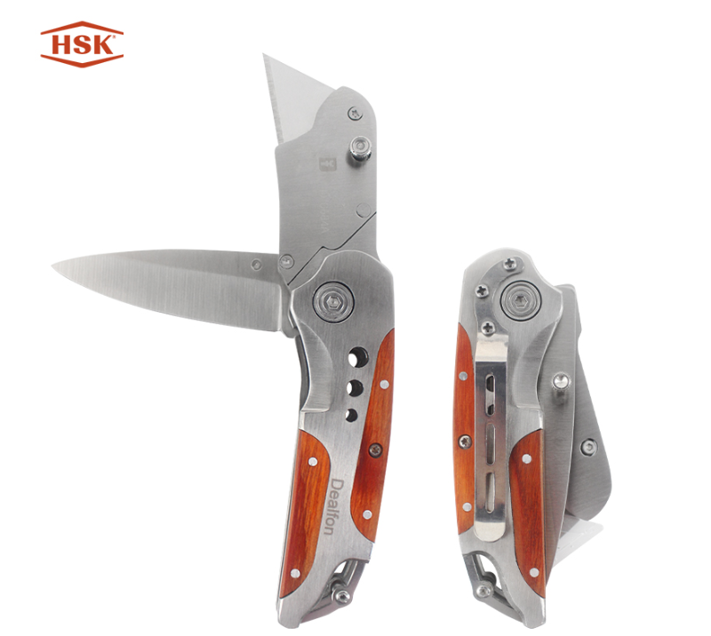 K108 Doppelklingen-Multifunktionswerkzeug: Klappmesser mit Holzgriff von Dealfon