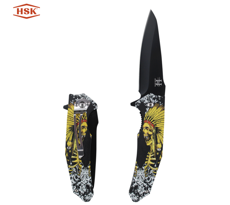 TPK18 Taktisches Klappmesser mit indischem Totenkopfmuster, schwarz beschichtete Edelstahlklinge mit