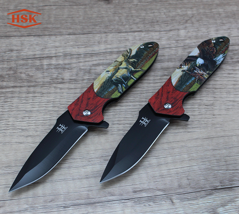TPK-18 Outdoor-Klappmesser mit Hirschmuster, schwarze taktische Edelstahlklinge mit bedrucktem Griff