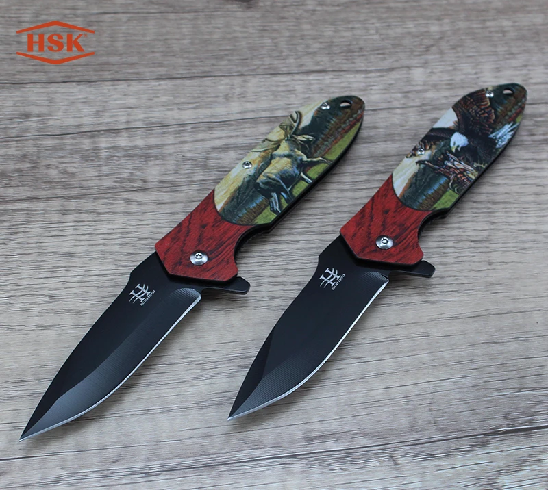 TPK-18 Outdoor-Klappmesser mit Hirschmuster, schwarze taktische Edelstahlklinge mit bedrucktem Griff