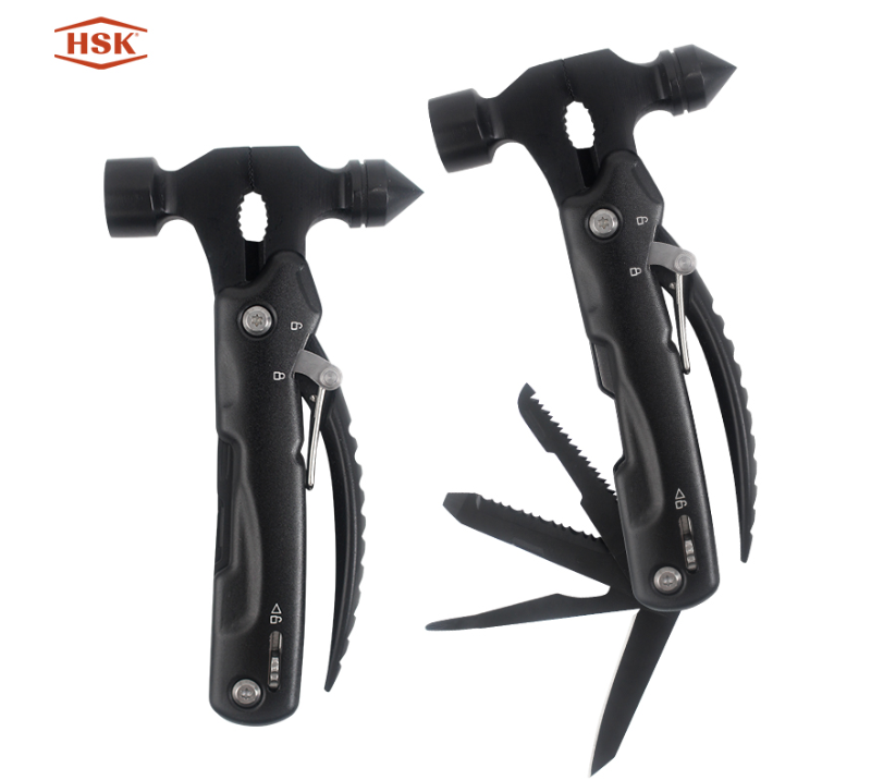 S02317 All-Black 16-in-1-Multifunktions-Auto-Notfallhammer, Outdoor-&Uuml;berlebensausr&uuml;stung mit Messer