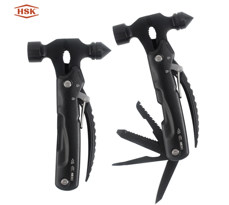 S02317 All-Black 16-in-1-Multifunktions-Auto-Notfallhammer, Outdoor-&Uuml;berlebensausr&uuml;stung mit Messer