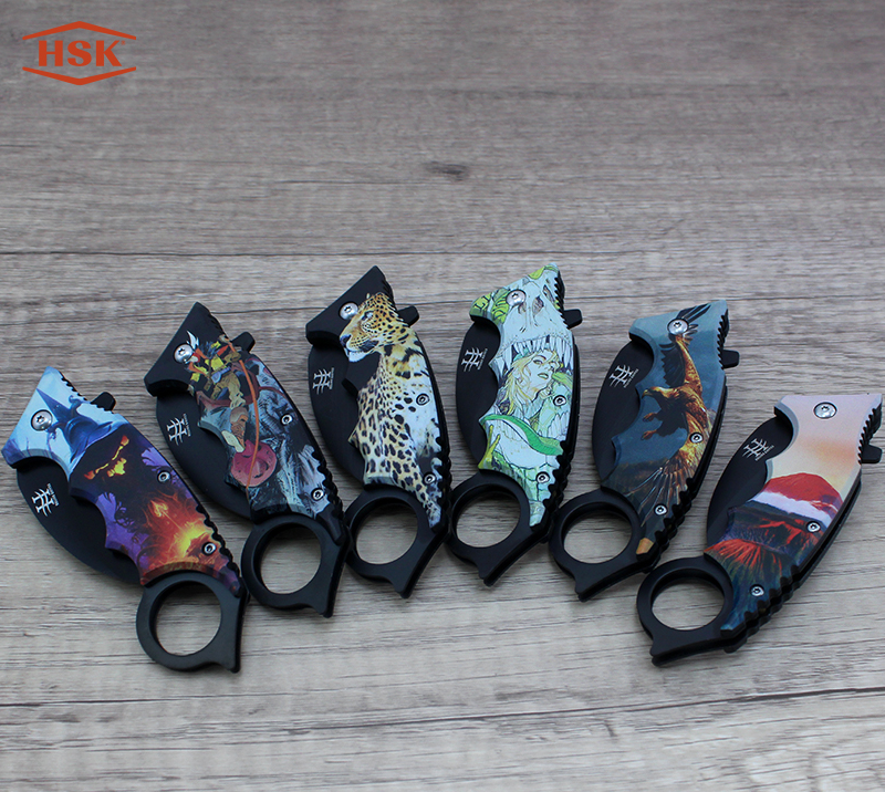 TPK48 Outdoor-Klappmesser mit Ringgriff, bedruckt, schwarze Edelstahlklinge mit mehreren Themenmotiv