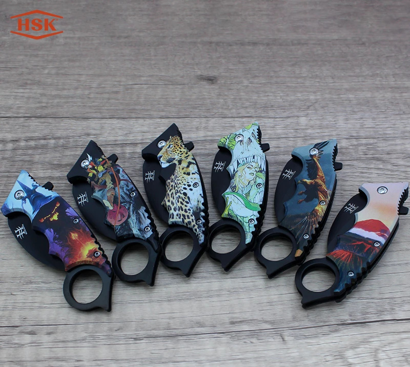 TPK48 Outdoor-Klappmesser mit Ringgriff, bedruckt, schwarze Edelstahlklinge mit mehreren Themenmotiv