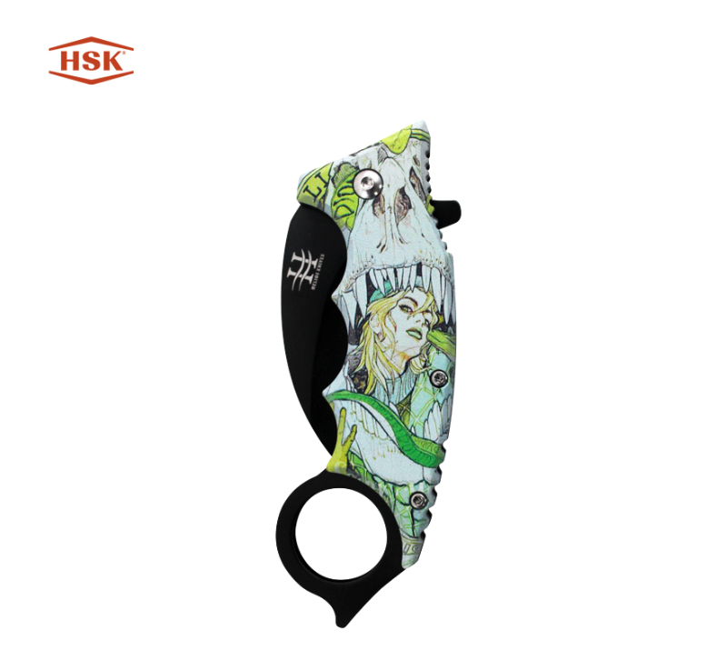 TPK48 Outdoor-Klappmesser mit Ringgriff, bedruckt, schwarze Edelstahlklinge mit mehreren Themenmotiv