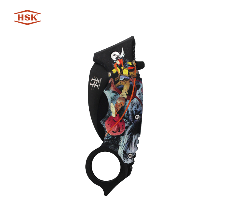 TPK48 Outdoor-Klappmesser mit Ringgriff, bedruckt, schwarze Edelstahlklinge mit mehreren Themenmotiv