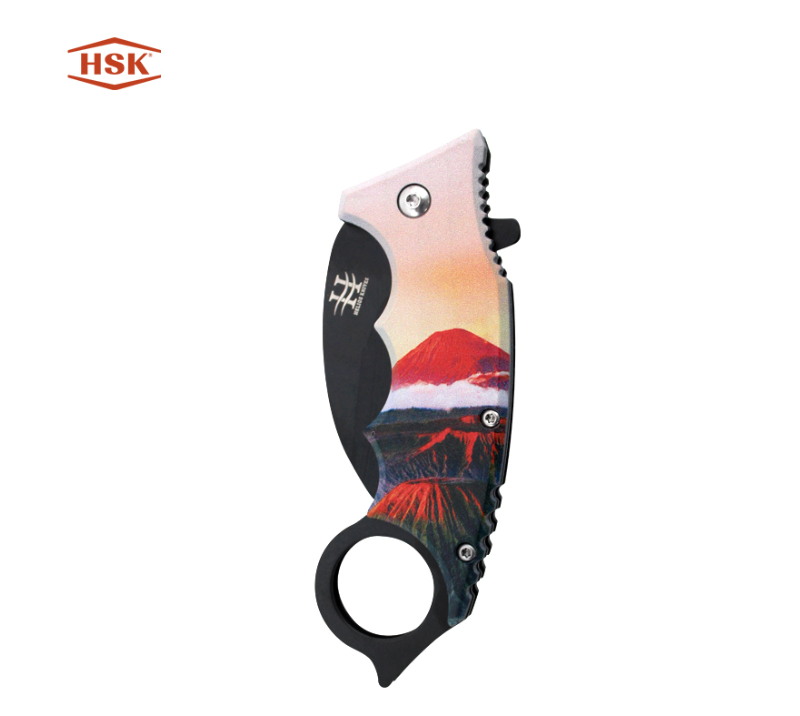 TPK48 Outdoor-Klappmesser mit Ringgriff, bedruckt, schwarze Edelstahlklinge mit mehreren Themenmotiv
