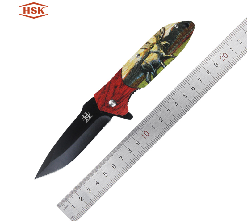 TPK-18 Outdoor-Klappmesser mit Hirschmuster, schwarze taktische Edelstahlklinge mit bedrucktem Griff