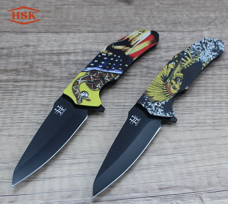 TPK18 Taktisches Klappmesser mit indischem Totenkopfmuster, schwarz beschichtete Edelstahlklinge mit